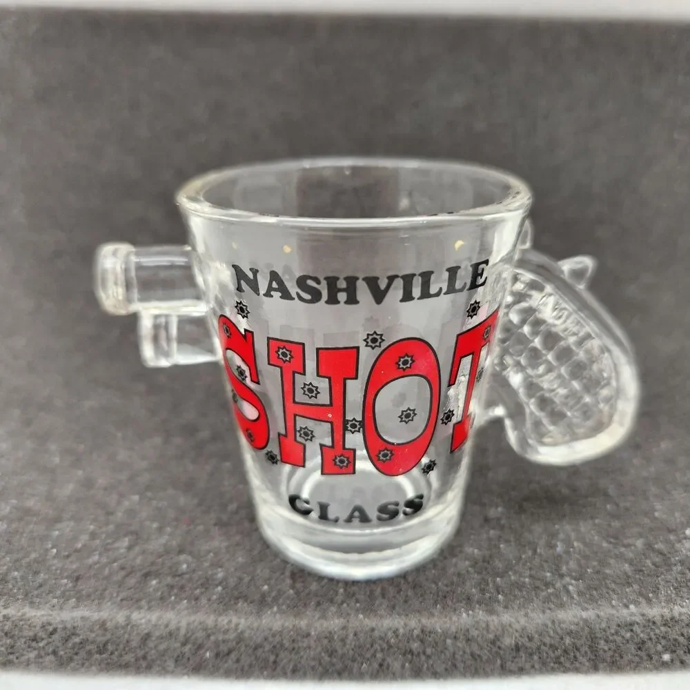 Shot Glass 3D Handle Pistol Nashville Or Texas Made In Taiwan Vintage Bar Ware